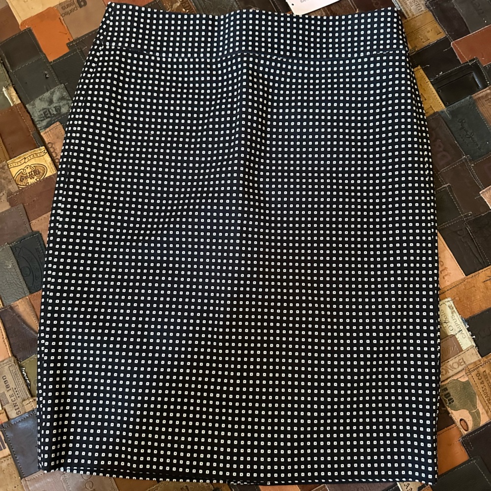 Banana Republic navy blue with white square dots.